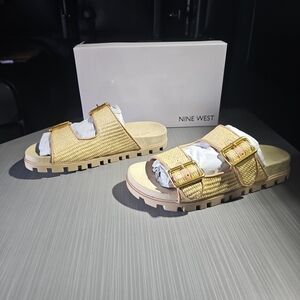 Nine West TIMMAP2 Light Natural Woven Double Buckle Slide Sandals Women's 9M NEW